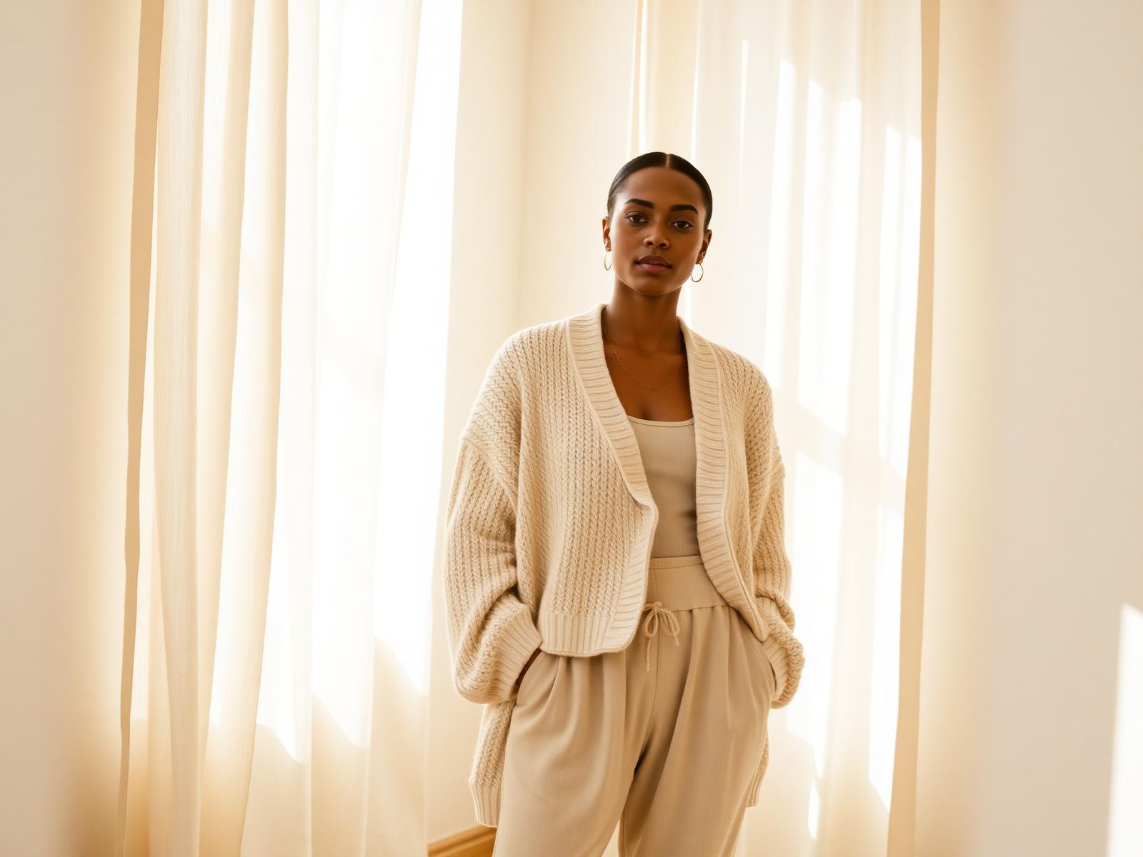 Model wearing the Enivie Signature Cardigan over loungewear in warm daylight